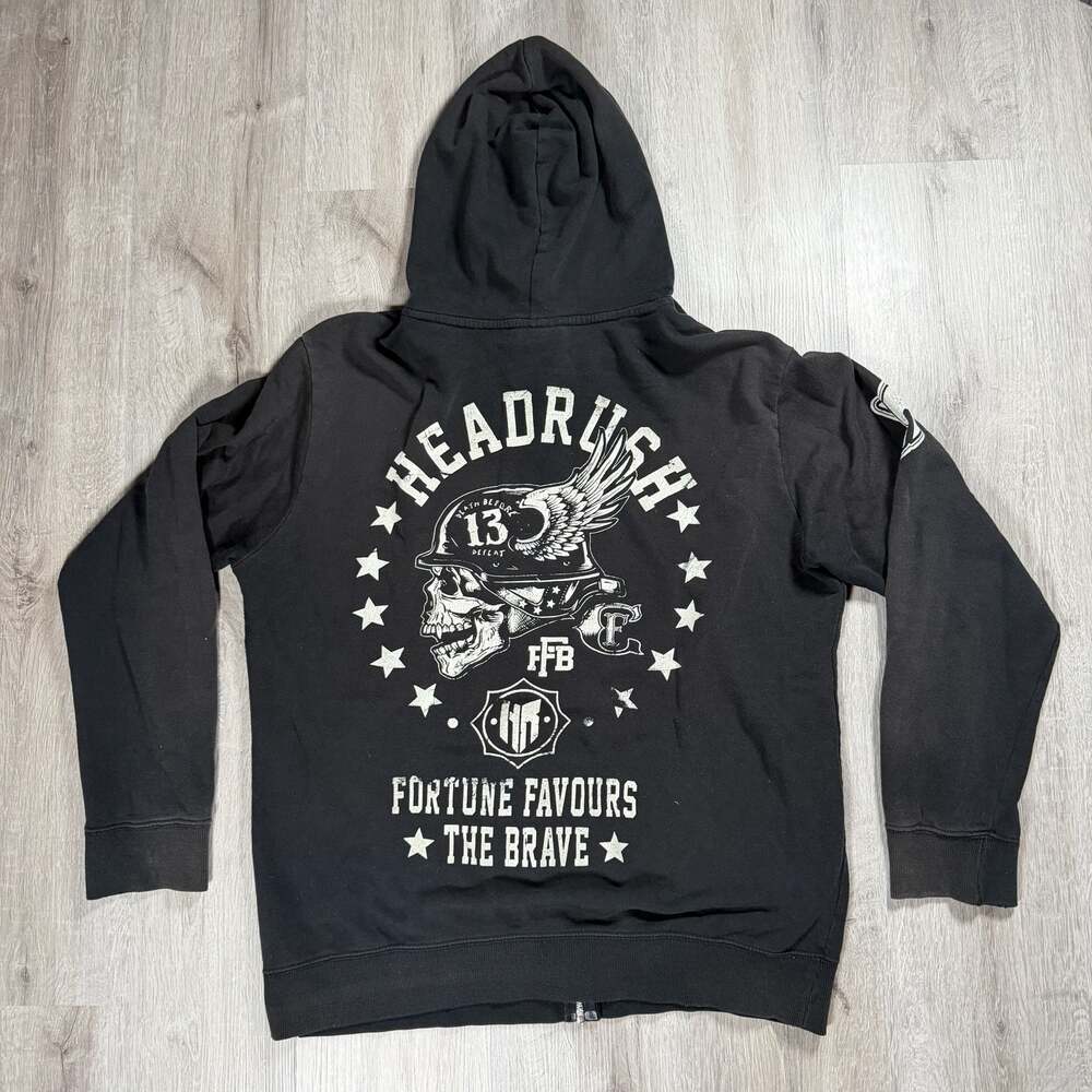 Mens Headrush Fortune Favours The Brave Skull Graphic Zip-Up Hoodie 2XL Y2K